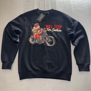Will Stop For Cookies Black Med Graphic Sweatshirt Holiday Motorcycle Design NWT